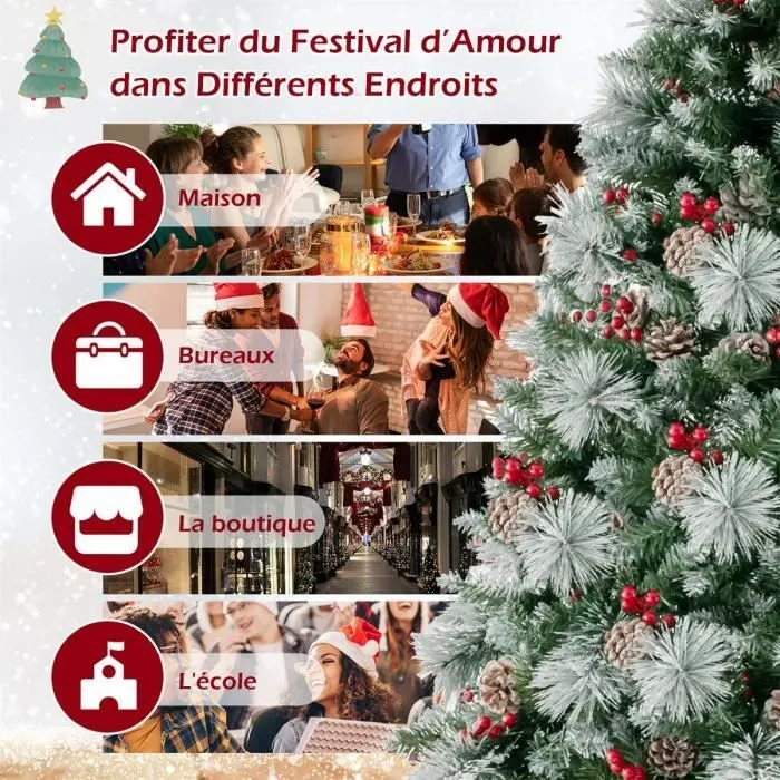 COSTWAY Sapin de Noël Artificiel 185cm avec 350 Lumières LED,11 Modes d'Eclairage 55 Pommes de Pin et 55 Baies Rouges 747 Branches-3