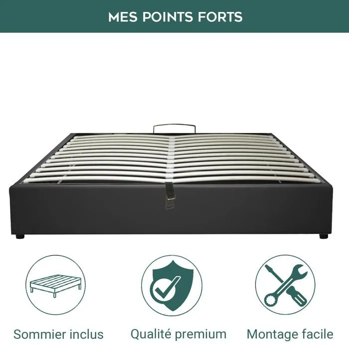 Lit Coffre Vegas 160 x 200 by Sampur | Simili Cuir Noir | Grand Coffre de Rangement - Design et Moderne - Sommier à Lattes en Bois-2