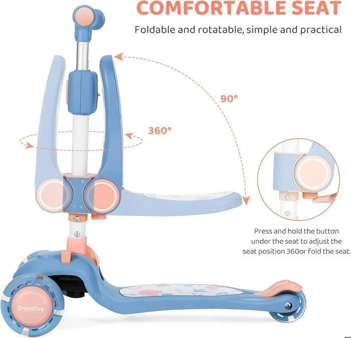 BremToy Trottinette Enfants avec Siège Pivotant à 360°, avec Roues LED, Guidon Réglable en Hauteur, Pliable pour Enfants, Rose-4