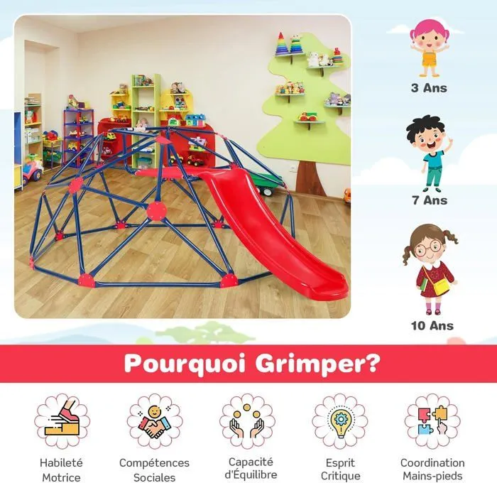 COSTWAY Dôme d'escalade avec Toboggan 241,5 x 183 x 91,5 CM, Cadre en Métal Robuste, Jouet Extérieure pour Enfants 3-10 Ans Rouge-4