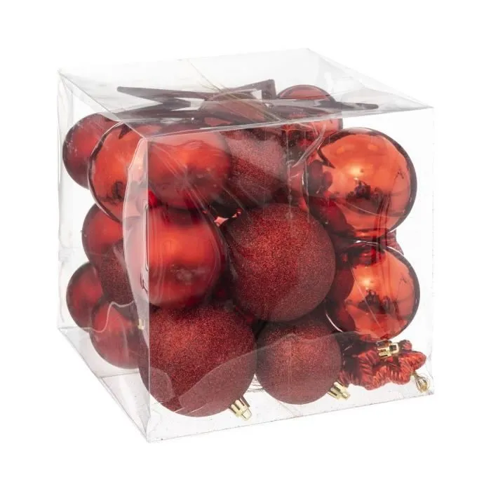 Déco de Sapin de Noël - Feeric Christmas - Kit 35 pièces - Rouge - Boules et Flocons - PVC-0