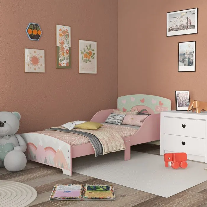 Lit pour enfant ZONEKIZ 3-6 ans avec barrières de sécurité et motifs dim. 77 x 143 x 60 cm sommier à lattes inclus - rose-2
