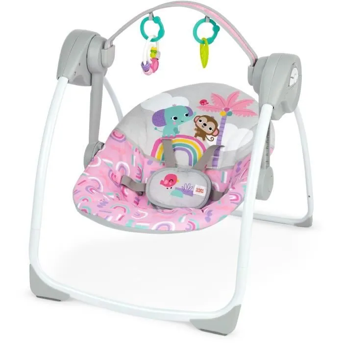 BRIGHT STARTS Balancelle bébé électrique compacte – Animaux, rose, 6 vitesses balancement, 10 chansons, 2 position d'inclinaison-0