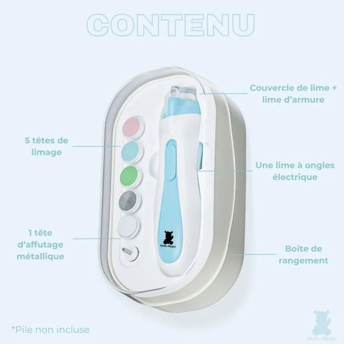 Hello Hippo - Lime à Ongles Électrique Bébé | Sécurité et Hygiène Dès la Naissance | 4 Vitesses & 6 Têtes de Limage-1