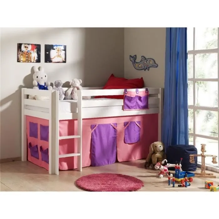 Lit mezzanine enfant PINO avec housse Bella blanc - VIPACK - 90x200cm - A lattes - Norme EN 747-0