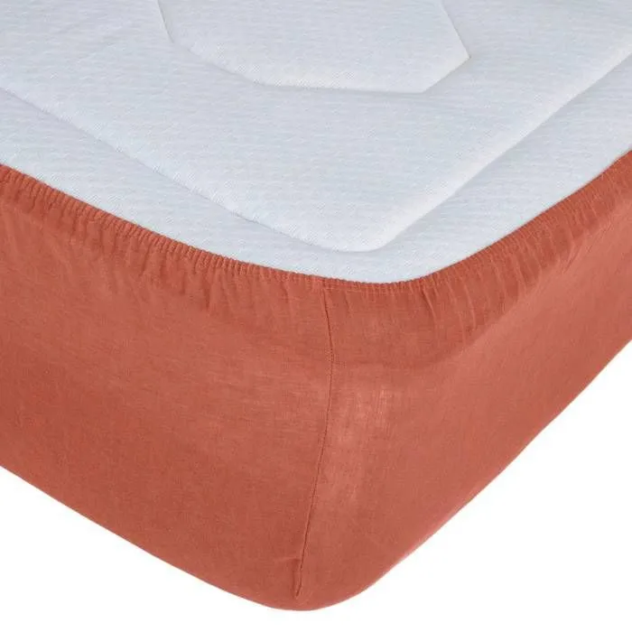 Drap housse en 100% lin Terracotta 140x190 cm-2