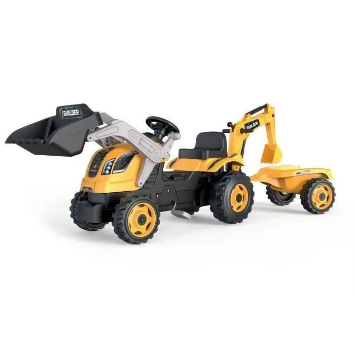 Tracteur à pédales Builder Max + Remorque + Pelleteuse + Pelle - Smoby - Jaune-0