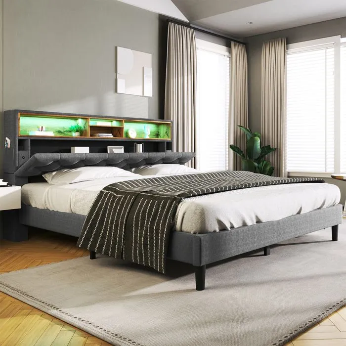 Lit adulte 140x200 cm - Tête de lit avec rangement, LED - Gris - MODERNLUXE - Design contemporain-0