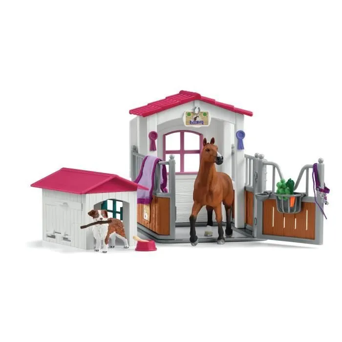 Box avec Jument Hanovrien et Berger Australien, Figurine cheval et accessoires, SCHLEICH 72218 Horse Club, dès 5 ans-1