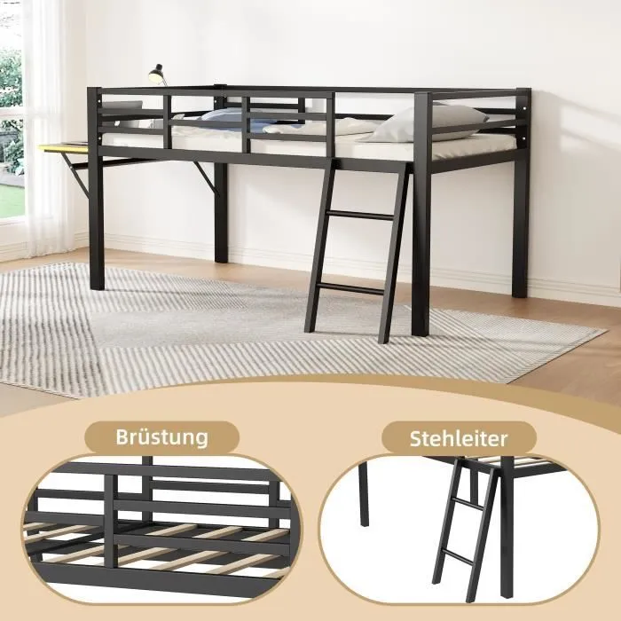 Lit mezzanine enfant - DREAMMESPACE - 90x200 cm - Métal Noir - Bureau pliable - LED télécommandé-1