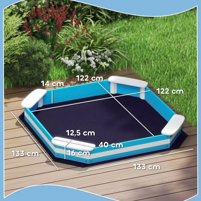 Bac à sable en bois - AIYAPLAY - pour enfants 3-6 ans - 4 sièges - 133 x 133 x 16 cm - bleu-3