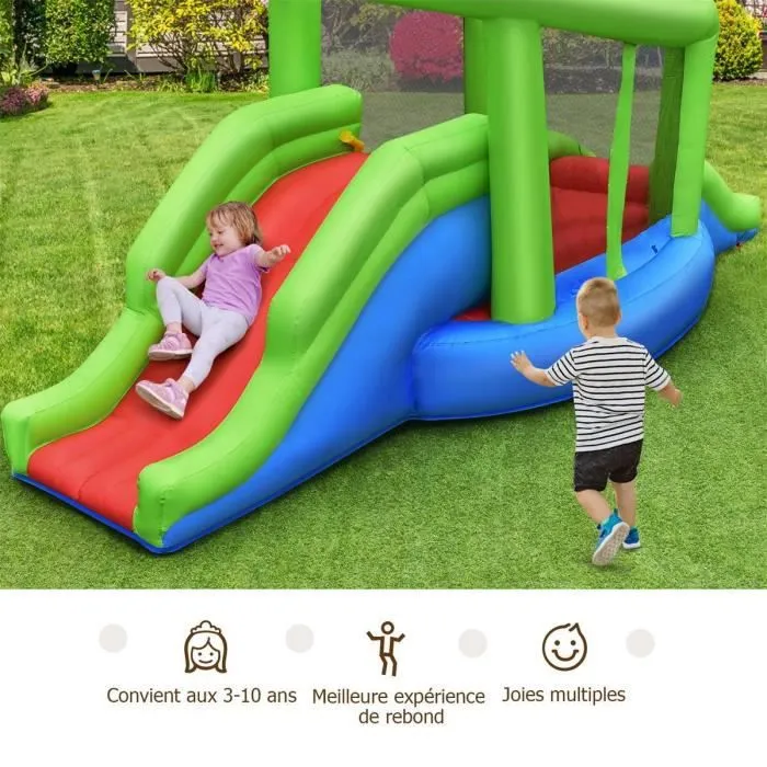 COSTWAY Château Gonflable Apparence de l'Escargot avec 2 Toboggans,Panier de Basket-ball,Mur d'Escalade avec Patchs de Réparation-2