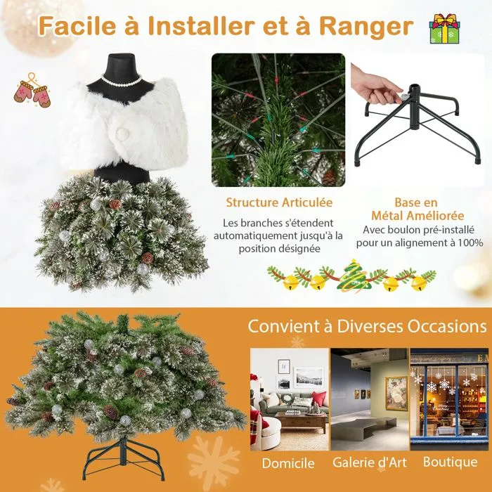 Sapin de Noël Artificiel 150 cm COSTWAY-Châle Blanc,Broche et Collier-Design Jupe de Mannequin-50 Boules LED, 36 Pommes de Pin-3