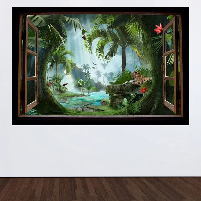 Stickers Trompe l'oeil fenêtre en bois Enfants - Forêt tropicale 3617681139621 - Hauteur 90 x Largeur 135 cm-0