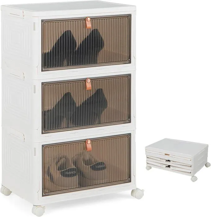 COSTWAY Boîte Rangement Plastique 3 Niveaux, 360° Roulette Verrouillable, Boîte à Chaussures avec Porte Magnétique Transparente-0