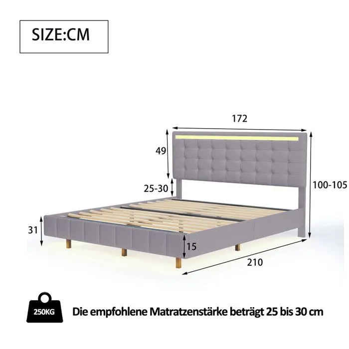 MODERNLUXE Lit rembourré 160x200 cm, avec éclairage LED et tête de lit design, sommier à lattes, gris-3