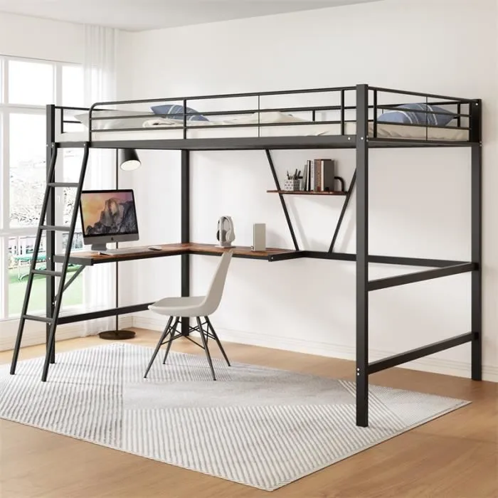Lit mezzanine - DREAMMESPACE - 90x200cm - Métal - Bureau en L - Noir-1