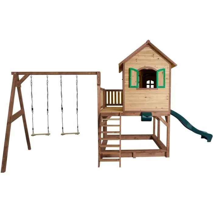 AXI Liam Maison Enfant avec Bac à Sable, Balançoire 2 Agrès & Toboggan vert | Aire de Jeux pour l'extérieur en marron & vert-3