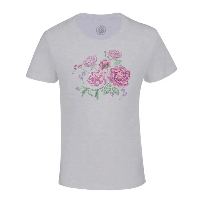 T-shirt Enfant Gris Dessin Roses et Violettes Fait Main Art Illustration Minimalisme-0