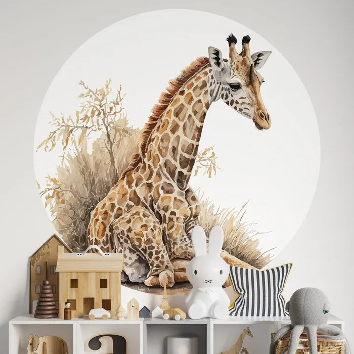 Sticker mural rond - Girafe - Adhésif MAT - Diamètre 140 cm - Décoration murale enfantine-0