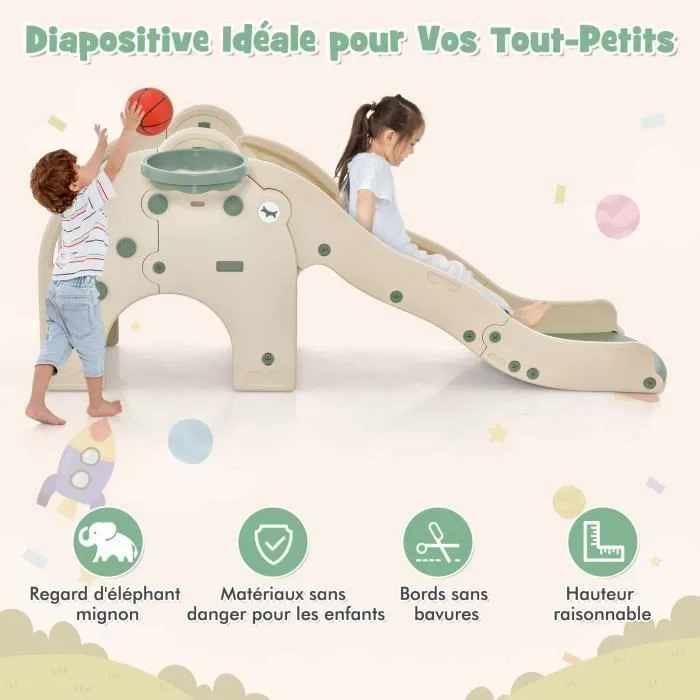 Toboggan 4 en 1 COSTWAY avec Panier de Basket, Ball, Escalade et pompe à ball - Jeu Intérieur-Extérieur Enfant dès 18 Mois Vert-3