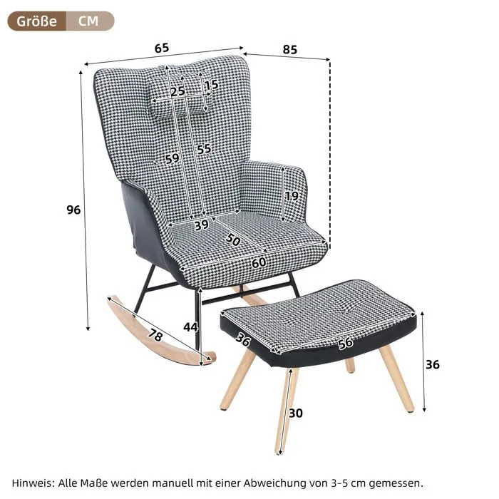 Fauteuil à bascule en tissu avec repose-pieds et repose-tête, noir et blanc-3
