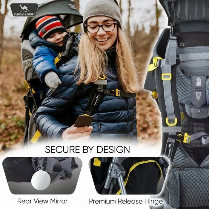 DROMADER Porte Bébé Randonnée - Confortable jusqu'à 22kg - Sac à Dos avec Poche Isolante, Pare-Soleil & Pluie - Noir et Jaune-3