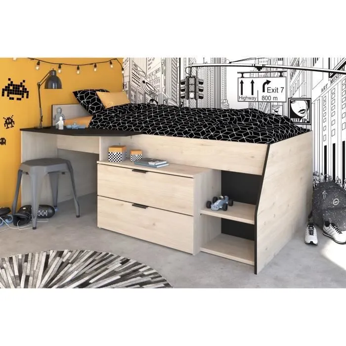 Lit Combiné enfant PARISOT Kim - Chêne Jackson et Noir - 90x190/200 cm-1