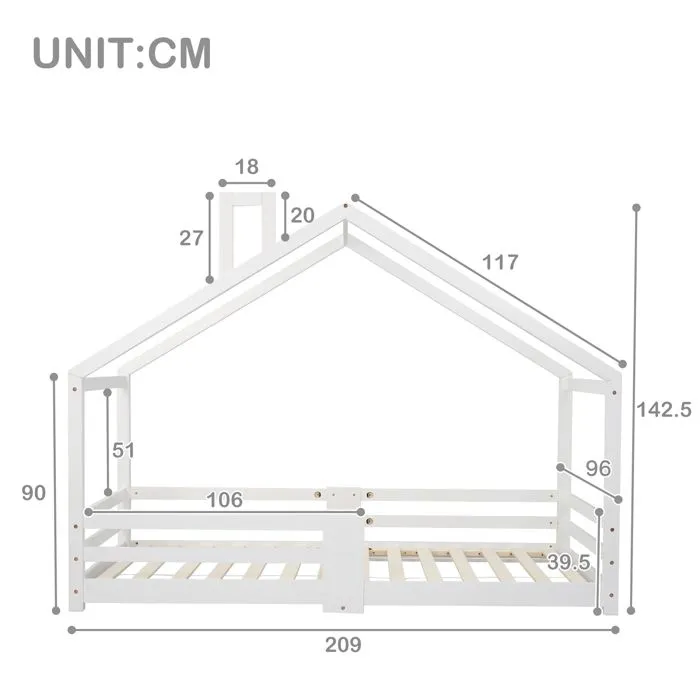 Lit cabane enfant 90 x 200cm, avec protection contre les chutes et cheminée, sommiers à lattes robustes, en bois de pin, blanc-5