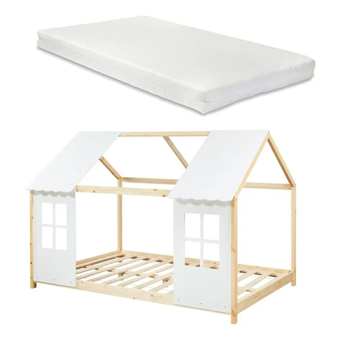 Lit cabane Tostedt pour enfant 120 x 200 cm avec matelas sommier à lattes bois de pin naturel blanc [en.casa]-1
