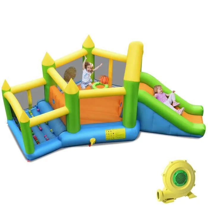 COSTWAY Château Gonflable avec Ventilateur 480W,Toboggan,Grande Zone de Saut,Piscine à Balles Océaniques,Panier de Basket,Sac-0