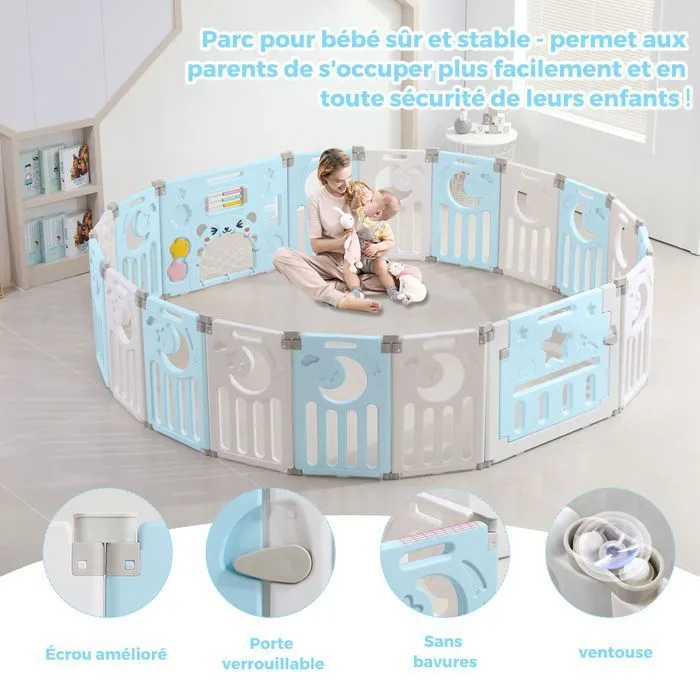 Parc Bebe 16+2 Panneaux, Parc XXL Enfant Modulable Avec Verrouillage de Sécurité, Forme Réglable, Pliable, Barriere Bebe, Bleu-1