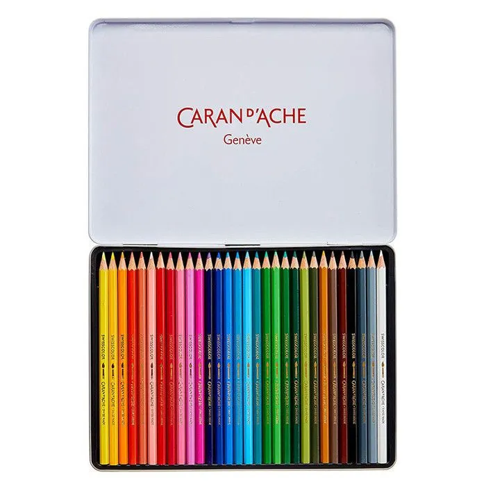 Crayons de couleur - CARAN D'ACHE - Swisscolor - Étui métal de 30 - Mine 2,8 mm - Bois de cèdre-1