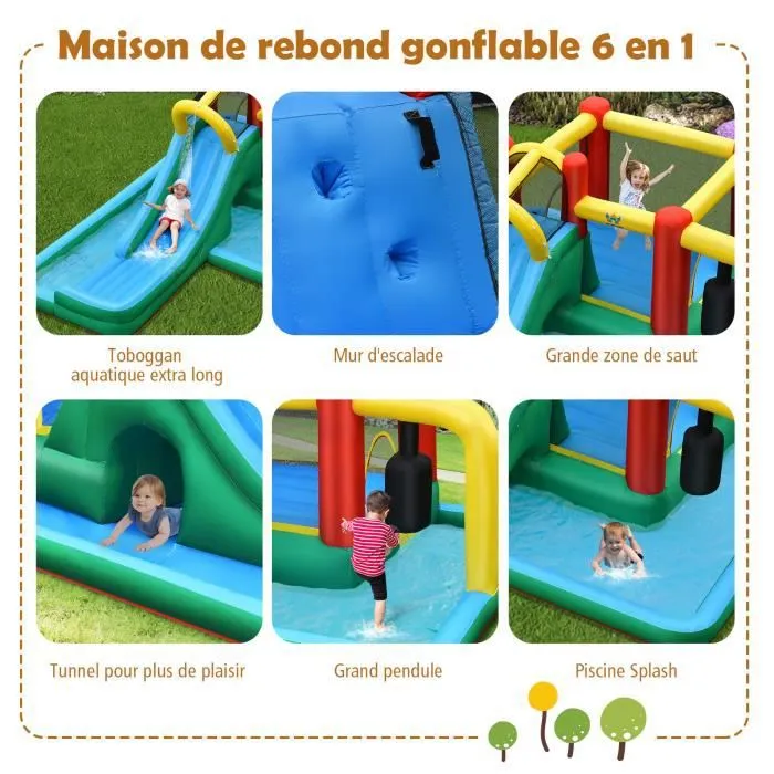 COSTWAY Château gonflable pour Enfants de 3-10 Ans avec Pataugeoire Toboggan Mur d’escalade Tunnel 470 x 370 x 190cm sans Gonfleur-1