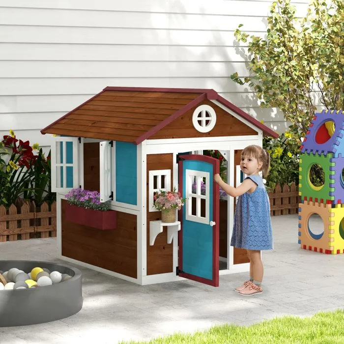 Cabane enfant extérieur - Outsunny - avec porte fenêtres et jardinières - 114 x 126,4 x 135 cm - Marron-1