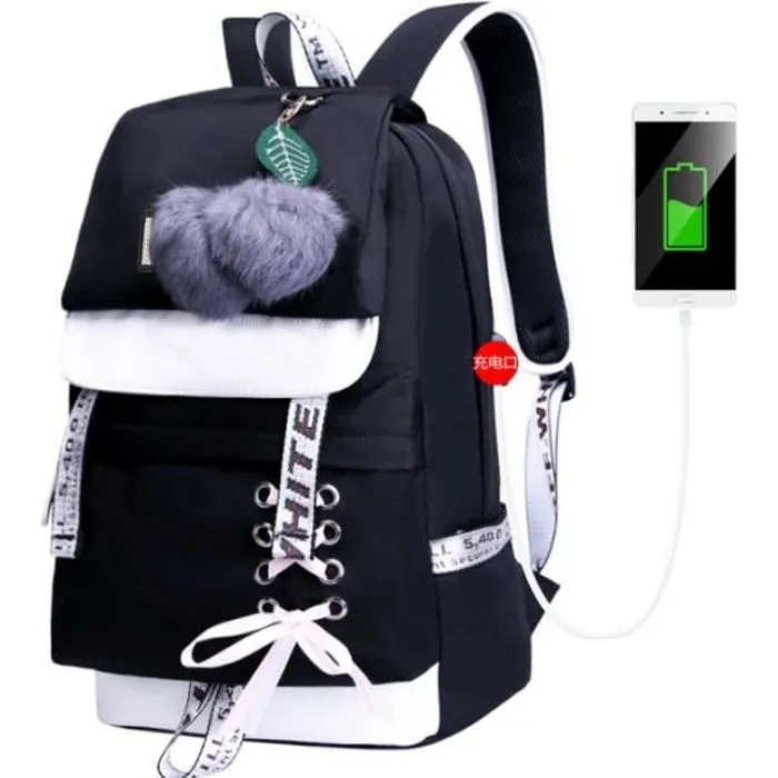 Sac à Dos Femme College Scolaire Sac Toile Sac à Dos Sac école Ado Fille Cartable Collège Sac d'école (Noir-2)-0