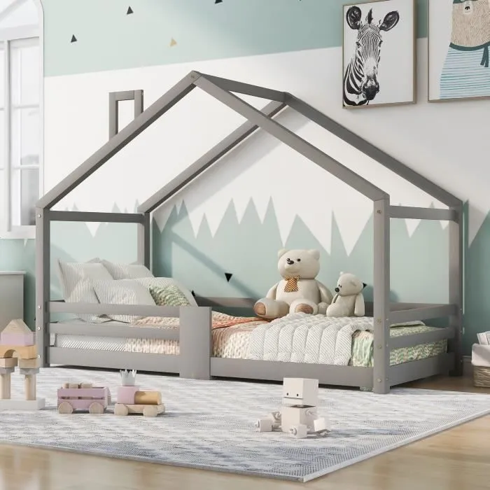 Merax Lit cabane pour enfant avec cheminée 90x200cm - Protection contre les chutes - Sommiers à lattes - Bois pin massif - Gris-0