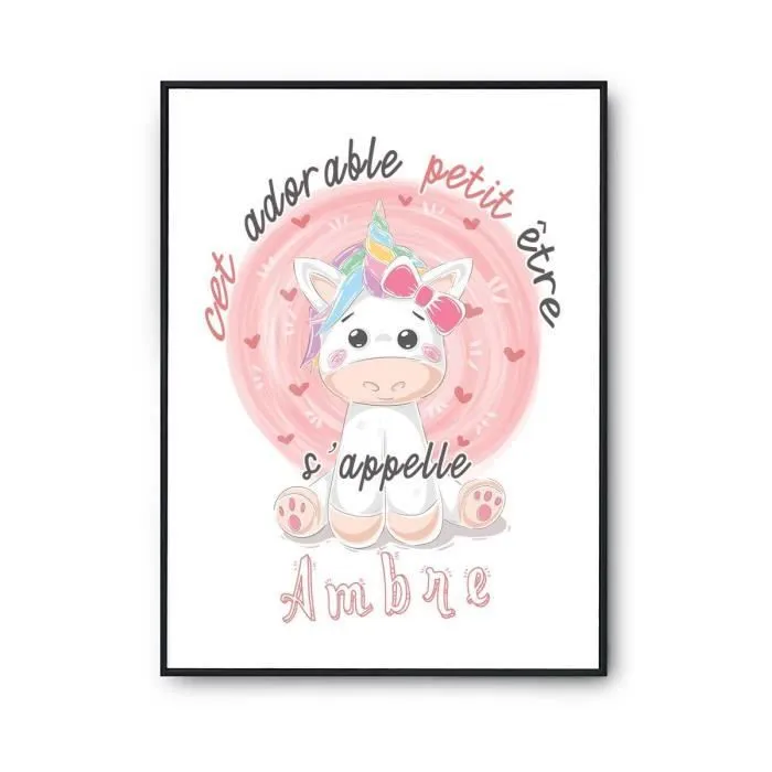 Affiche bébé prénom Ambre Licorne | Poster pour chambre bébé et enfant pour décoration murale qualité papier Premium A4-0