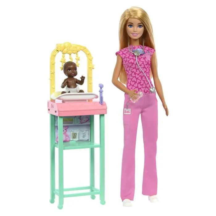 Barbie-Coffret Barbie Pédiatre-Poupée Blonde Et Poupée Bébé - 3 ans+- JCR72-0