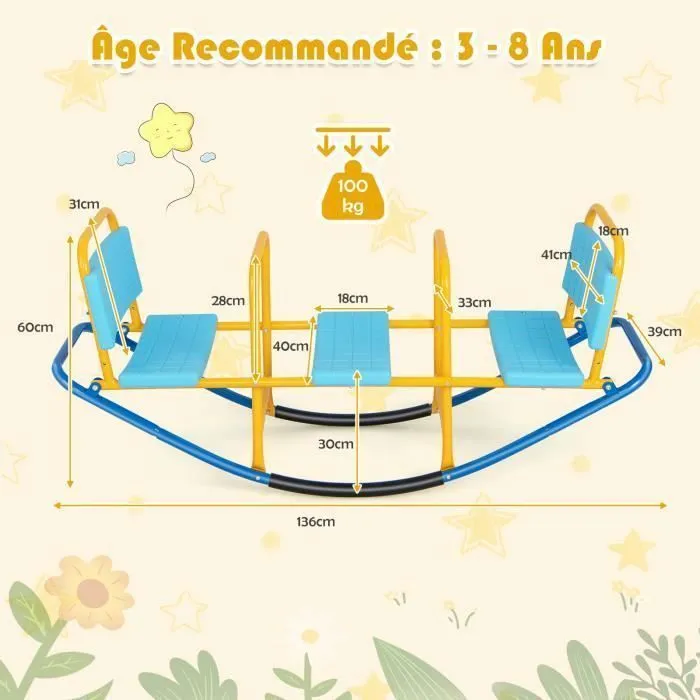 COSTWAY Balançoire à Bascule 2-3 Enfants Trébuchet en Métal Tape-Cul Jardin avec Poignées 3 - 8 Ans Station de Jeu Extérieure Bleu-3