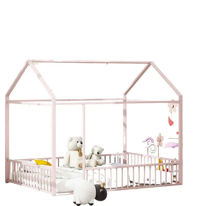 ModernLuxe Lit cabane pour enfant 140x200cm en métal avec barrière - Rose-1