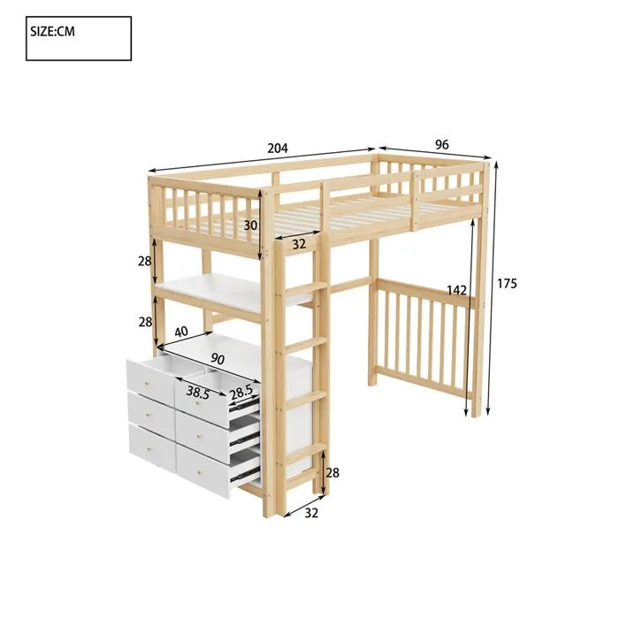 Lit mezzanine - Gutent - 90x200cm - Échelle de sécurité - Tiroirs intégrés - Bois + blanc-2