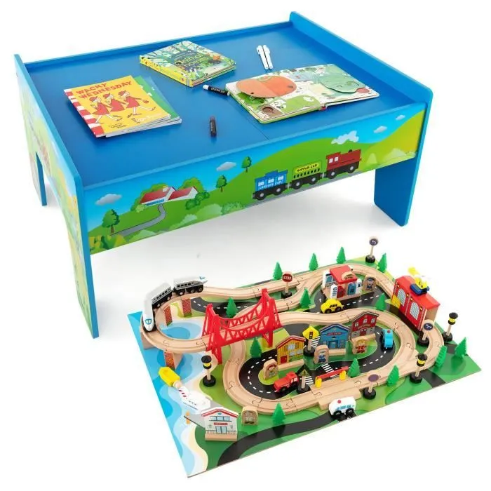 COSTWAY Circuit Voiture Enfant - 80 Accessoires avec Table, Plateau Réversible 2 en 1, Train en Bois pour 3 Ans+, Multicolore-0
