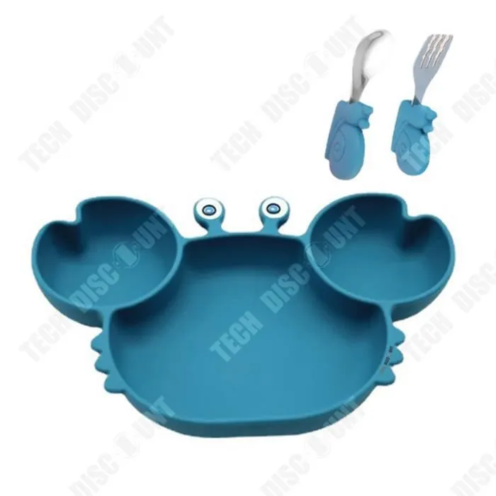 TD® Bébé assiette enfants vaisselle dessin animé crabe silicone ventouse bol bébé compartiment assiette fourchette cuillère ensemble-0