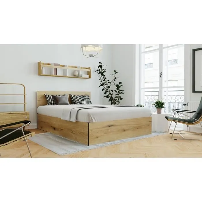 Lit Coffre 140x190 en bois + Tête de lit - Chêne Rustique - Sommier à lattes inclus - L 140 x P 193 x H 80 cm-1