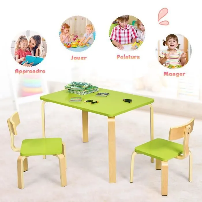 COSTWAY Ensemble Table et Chaise pour Enfant, Inclus 1 Table et 2 Chaises, Bonne Protection En Bois Courbé, Idéal pour l’Intérieur-2