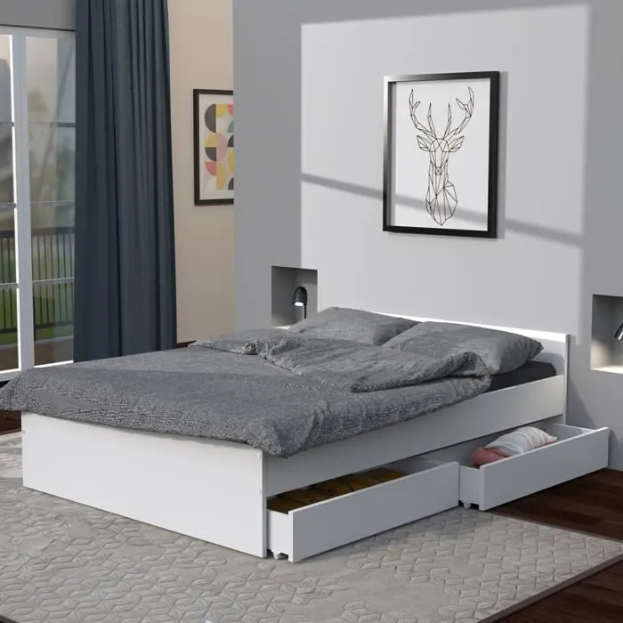 Lit double avec tiroirs - LEQUAIDESAFFAIRES - KAPPA - Blanc - A lattes - 140x190 cm-0