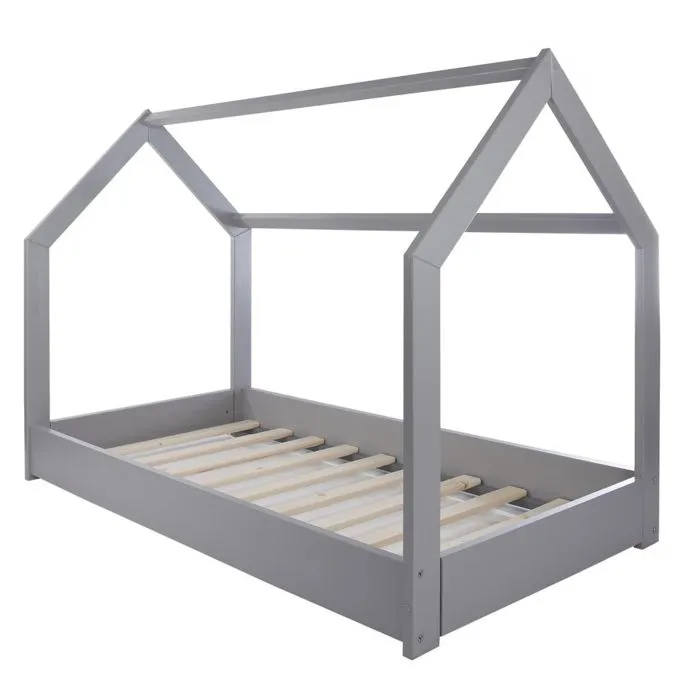 Lit Maison Cabane 160x80cm Gris - Velinda - Enfant - Bois massif - A monter soi-même-0