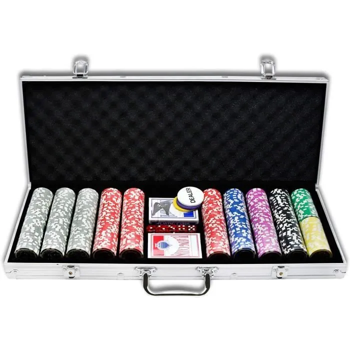 YUENFONG Aluminium Mallette de poker 500 jetons Texas Hold'em Poker avec 2 plateaux de poker et 5 dés 1 bouton dealer 2 clés Argenté-0