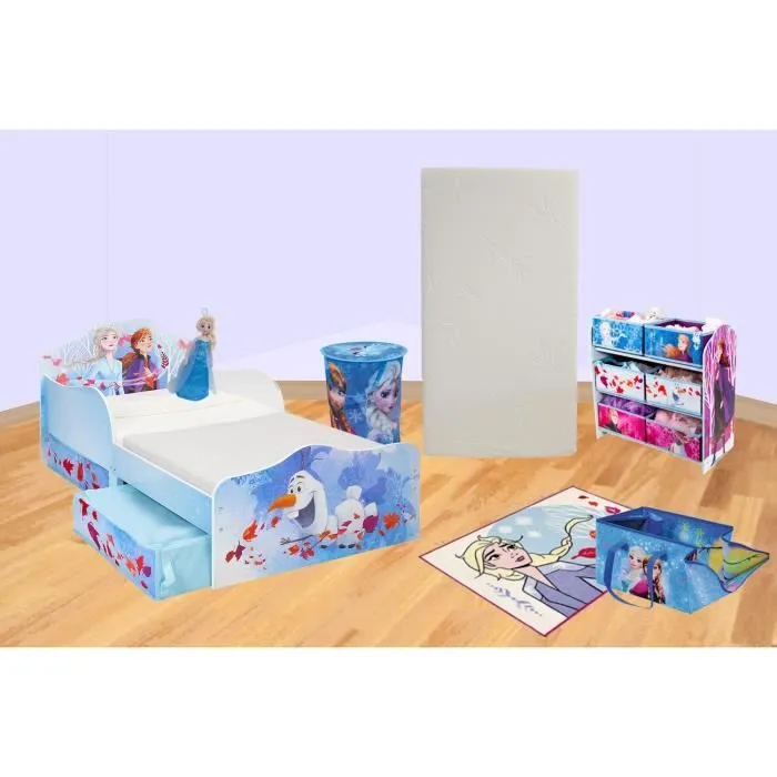 REINE DES NEIGES Pack chambre 6 éléments : Lit 140x70 cm et matelas, Meuble rangement, Tapis, Peluche, Tapis de jeu, Sac à linge-0